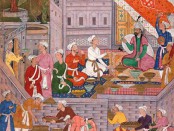 Пир Бабура во дворце Музаффар мирзы в Белом саду в Герате. Событие года 912 (1506-1507). Индия, XVI в. Бумага, темпера, каллиграфия. 25,9х17,3 см
